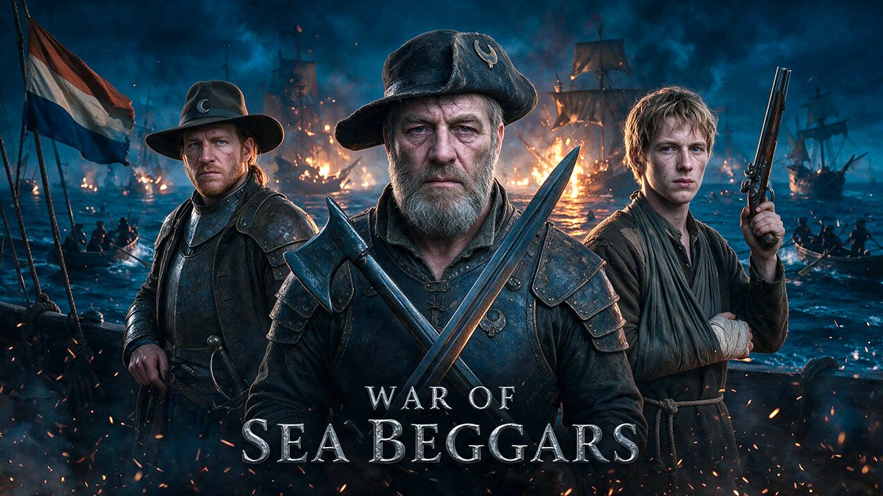 War of Sea Beggars. Three men on a burning deck at night: a Sea Beggar commander, a weathered fisherman with a sword and axe crossed at his chest, and a young man with a pistol and his arm in a sling.